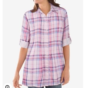 Woman Within Women's Pink Pintucked Plaid Tunic Shirt